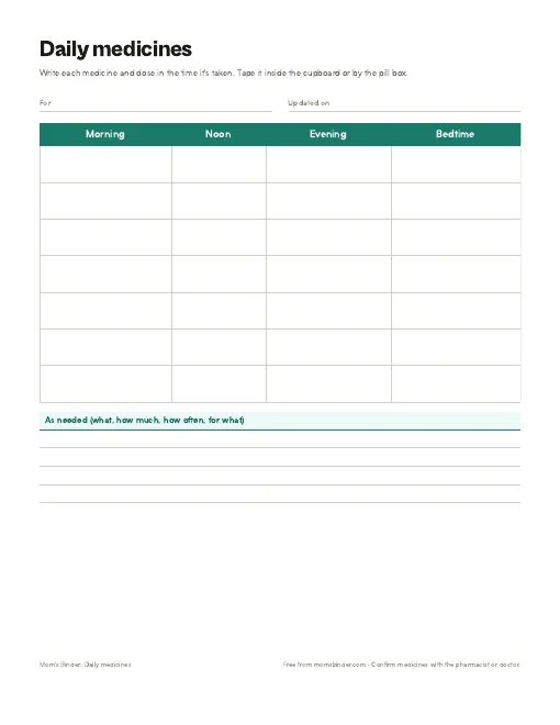 Daily medication chart printable preview
